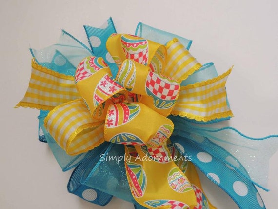 Easter Eggs Bow, Yellow Easter Bunny Wreath bow, Turquoise Yellow Easter Party Decor, Gift Basket Bow, Easter Door Bow, Turquoise Yellow bow