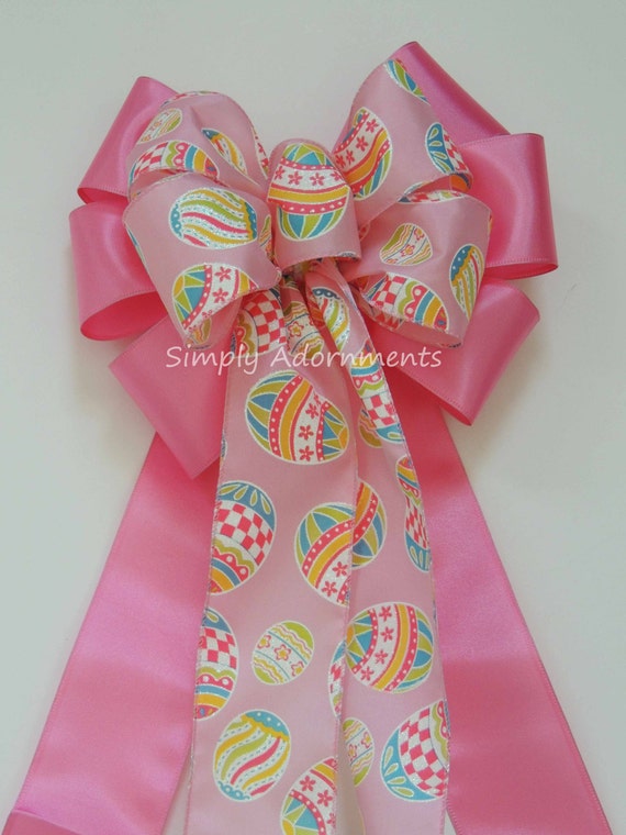 Pink Easter Bow, Easter Gift Basket Bow, Pink Easter Eggs Wreath Bow, Easter Bunny Door Hanger Bow, Pink Easter Party Decor, Easter Sign Bow