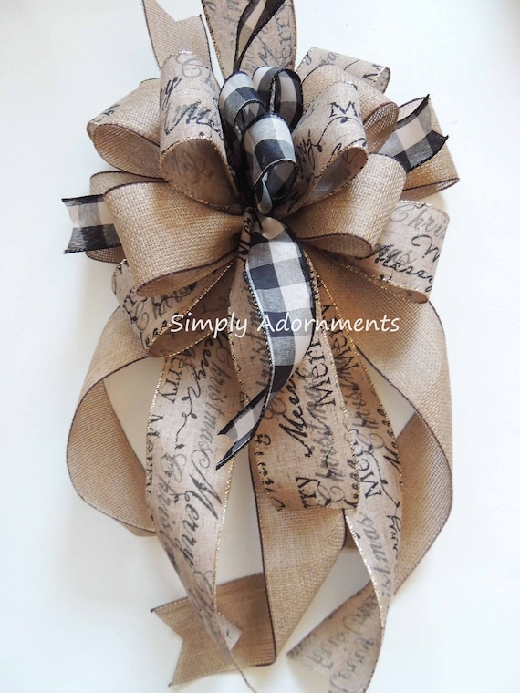 Farmhouse Christmas Scripts Bow, Farmhouse Christmas Scripts tree Bow, Farmhouse Christmas Tree Topper Bow, Black check scripts lantern Bow
