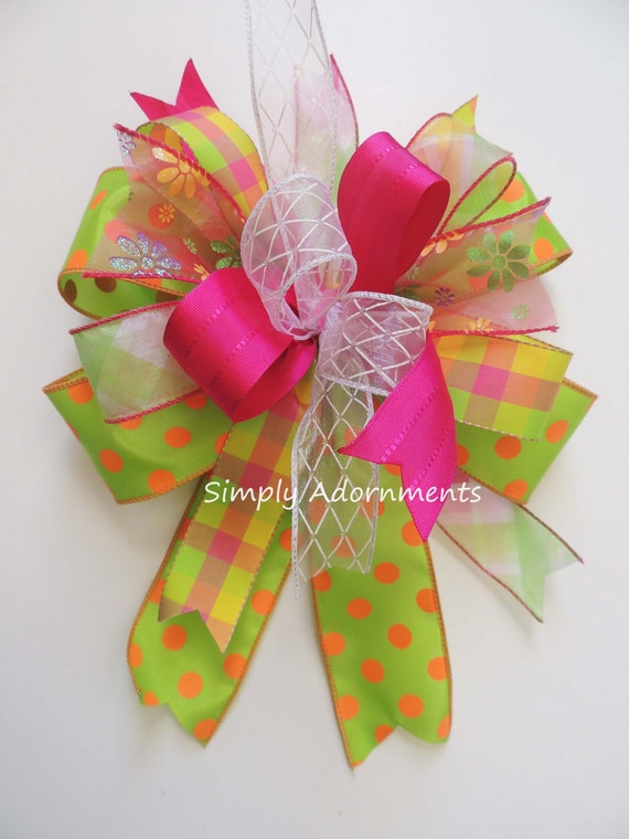 Pink Green Spring  Check bow, Easter Wreath bow, Multicolored Spring Flowers Bow, Spring Flowers Lantern Bow, Spring Check bow, Gift Bow