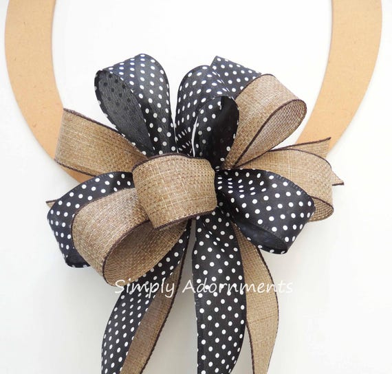 Burlap Farmhouse Bow, Black White Burlap Door Bow, Burlap Farmhouse Wreath bow, Black dots sign Bow, Bow for Porch sign Black check Door Bow