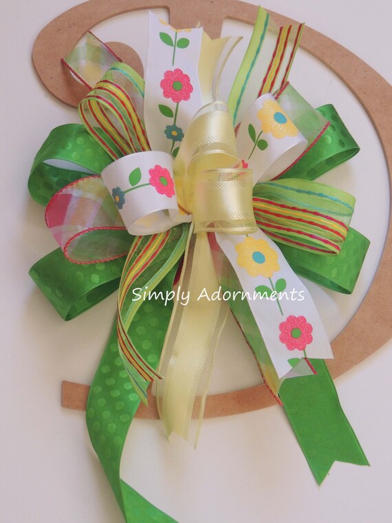 Flowers bow, Flowers Wreath bow, Yellow Green Flowers Bow, Green yellow Wreath Bow, Flowers Door bow, Flower Lantern Bow, FLower Gift Bow