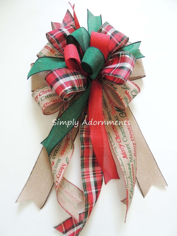 Red Kelly Green Christmas Bow, Red green Plaid Christmas Bow, Christmas Tree topper, Christmas tree bow, Red Green Christmas Lantern Bow