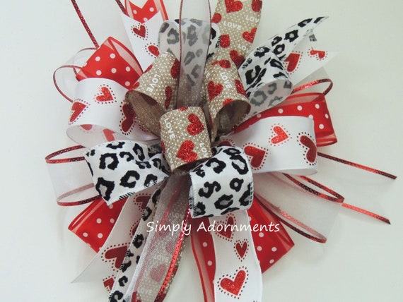 Red hearts Black Leopards bow, Valentine Wreath Bow, Valentine Lantern Bow, Valentine door bow, Valentine Red Hearts bow, Valentine gift bow