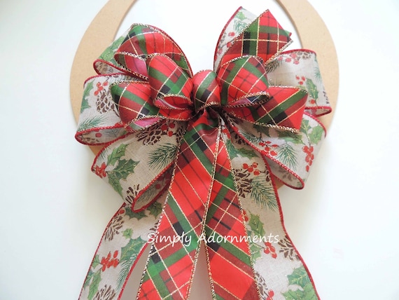 Country Plaid Christmas Bow, Red Green Christmas Hollies Bow, Woodland Christmas Wreath Bow, Tree Topper Bow, Red Green Winter Holiday Bow