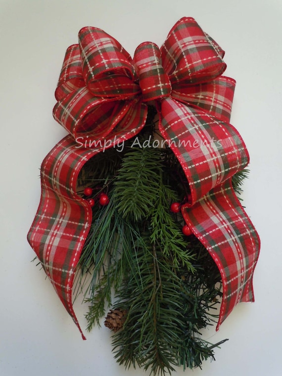 Farmhouse Christmas bow,  Christmas plaid Wreath Bow, Country Plaid Christmas Bow, Red Green Vintage Christmas Plaid Bow, Holidays Plaid Bow
