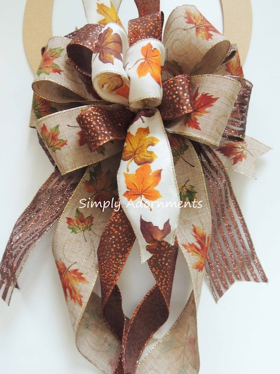 Fall Leaves Bow, Autumn Door Bow, Fall Lantern Bow, Brown Bronze Fall leaves Bow,Thanksgiving Wreath Bow, Maple Leaves Bow Autumn Wreath bow