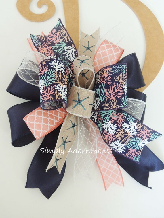 Nautical wreath bow, Nautical Navy coral Home Decor, Nautical Door Bow, Navy coral Nautical Lantern bow, Nautical bow, Nautical gift Bow