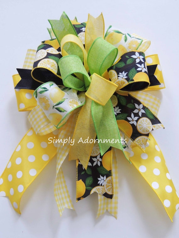 Lemon Flowers Bow, Green Yellow Lemon bow, Lemon Flowers Door Bow, Black Yellow Lemon Lantern Bow, Lemon Flowers Bow, Citrus Lemon door bow