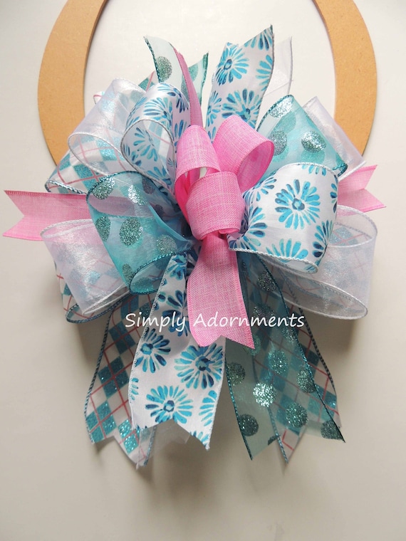 Pink Blue flower Bow, Pink Blue Wreath bow, Spring flowers Bow, Lantern Bow, Blue spring flower door Bow, Summer floral bow, basket gift bow