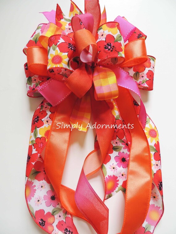 Spring Flowers Wreath bow, Red Pink Floral Bow, Flowers Lantern Bow, Floral wreath bow, Birthday party decor, Flowers Basket Gift bow