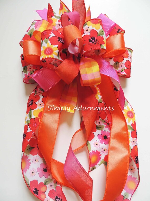 Red Pink floral bow, Red Flowers Bow, Flowers Lantern Bow, Floral wreath bow, Tropical Birthday party decor, Flowers Basket Gift bow