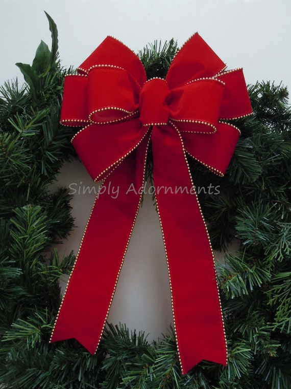 Traditional Red Velvet Christmas Bow, Red Velvet Wreath Door Bow Red Weatherproof Bow, Indoor/ Outdoor Red Bow, Lamp Post Bow, Mailbox Bow