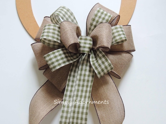 Moss Green Check Burlap Bow, Farmhouse Fall Wreath Bow, Rustic Green Burlap door Bow, Gingham Green tan door Bow, Fall Farmhouse Lantern Bow