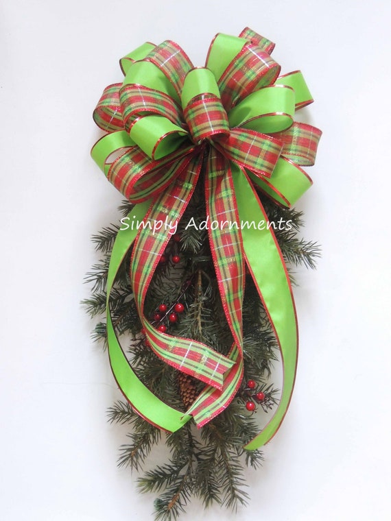 Red Green Plaid Bow ONLY, Traditional Red Lime Tartan Christmas Bow, Christmas Plaid Tree topper Bow, Christmas Door Bow, Lantern Xmas Bow