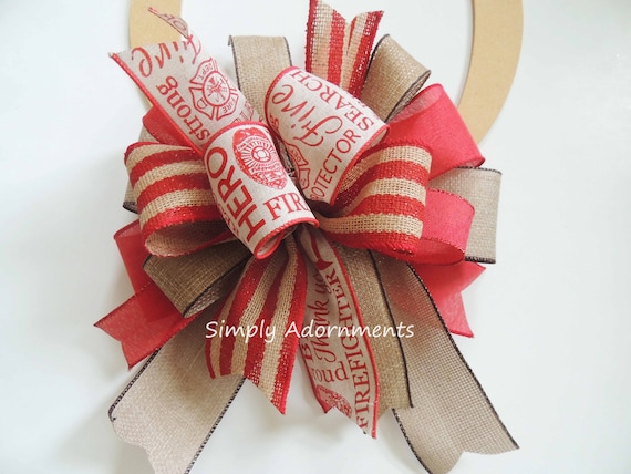 Firefighter support ribbon bow, Red tan Hero support Bow, Hero support ribbon door bow, Firefighter support Lantern Bow, Red support bow