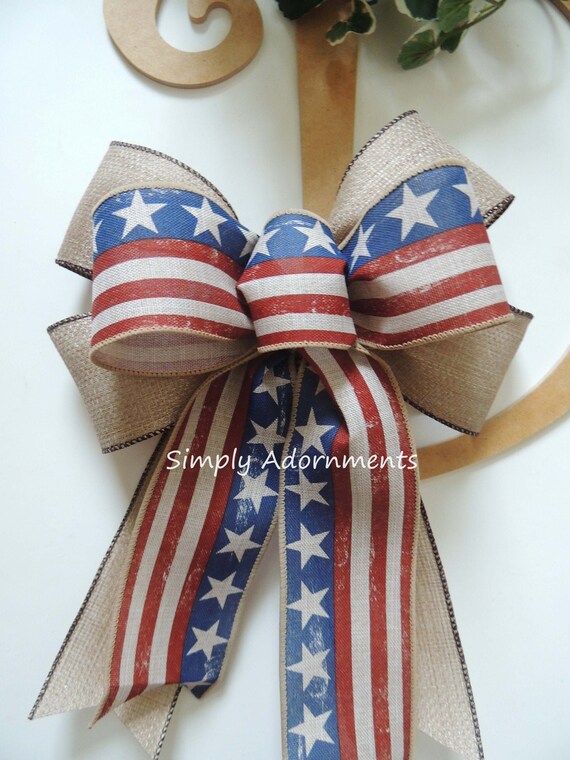 Vintage Stars and stripes bow, Faux Burlap Patriotic Bow, Patriotic farmhouse wreath bow, Rustic Patriotic Farmhouse Bow July 4th wreath bow