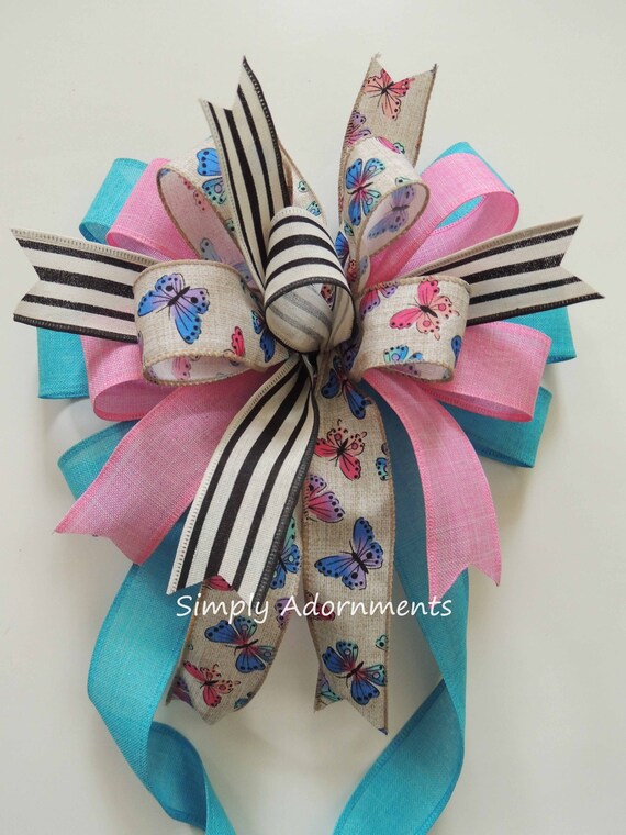 Turquoise Purple Butterflies Bees bow, Summer Butterflies Wreath bow, Bees & Butterflies lantern Bow, Butterflies Door bow, Spring sign Bow