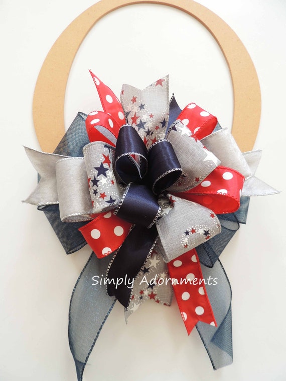 Grey Navy Red Patriotic bow,New England Patriots Bow, New England Patriots Wreath Bow, Patriots Bow, Door sign Bow, Lantern Bow, Gift Bow