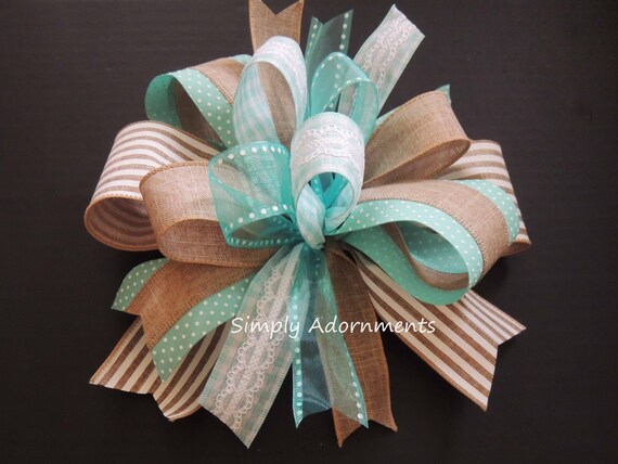 Aqua Tan bow, Aqua mint baby shower Decor, Aqua Mint Sign Door Bow, Spring Aqua Wreath Bow, welcom sign bow, Spring Farmhouse  Lantern Bow