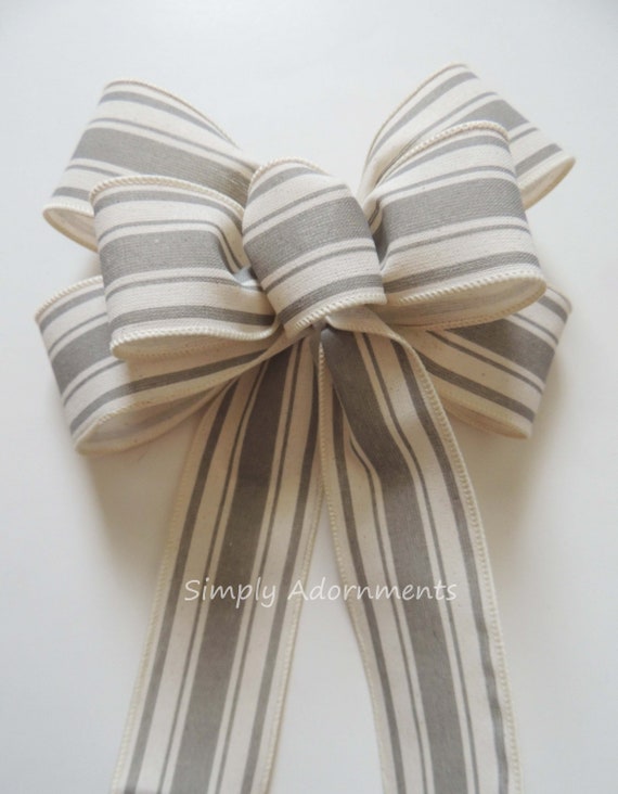 Grey Cream Farm Bow,  French Country Bow, Farmhouse Wreath Bows, Rustic Farmhouse stripe Bow, Everyday farmhouse bow, Stripes sign Door bow