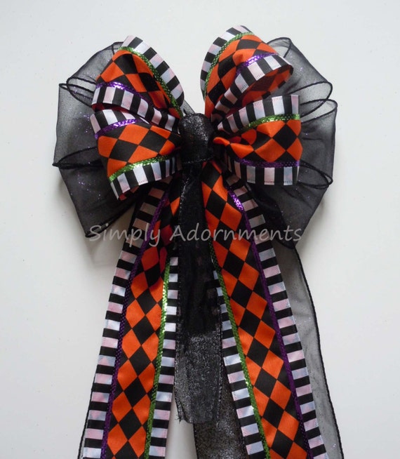 Halloween Bow, Orange Black Harlequin Bow, Black Orange Halloween Wreath Bows, Halloween lantern Bow, Door Hanger Bow, Halloween Party Decor