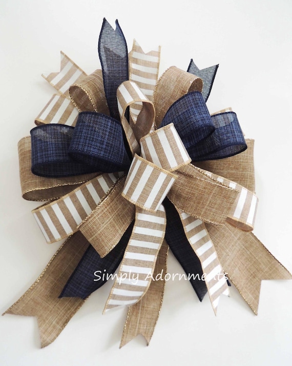 Navy tan Farmhouse Bow, Navy Tan Wreath Bow, Cottage Wreath Bow, Farmhouse lantern Bow, Navy Tan Stripes bow, Navy Beige farmhouse door bow