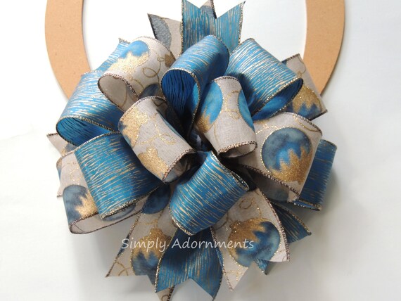 Blue Gold Christmas Ornament Bow, Tree Topper, Lantern Decor, Gift bow