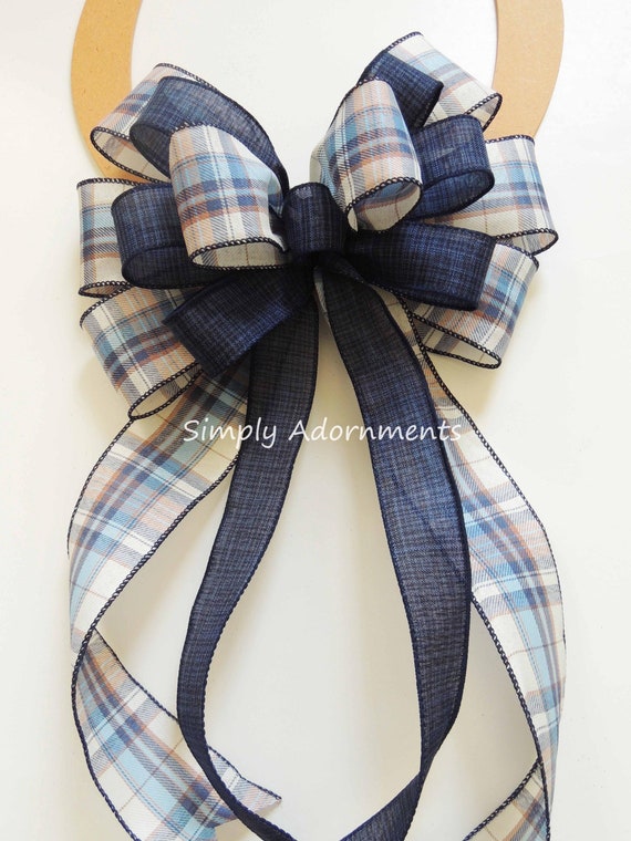 Navy Farmhouse Plaid Bow, Navy Ivory Plaid bow, Deep Blue Ivory Plaid Bow, Navy Christmas Plaid Bow, Blue Christmas door bow, Wreath bow