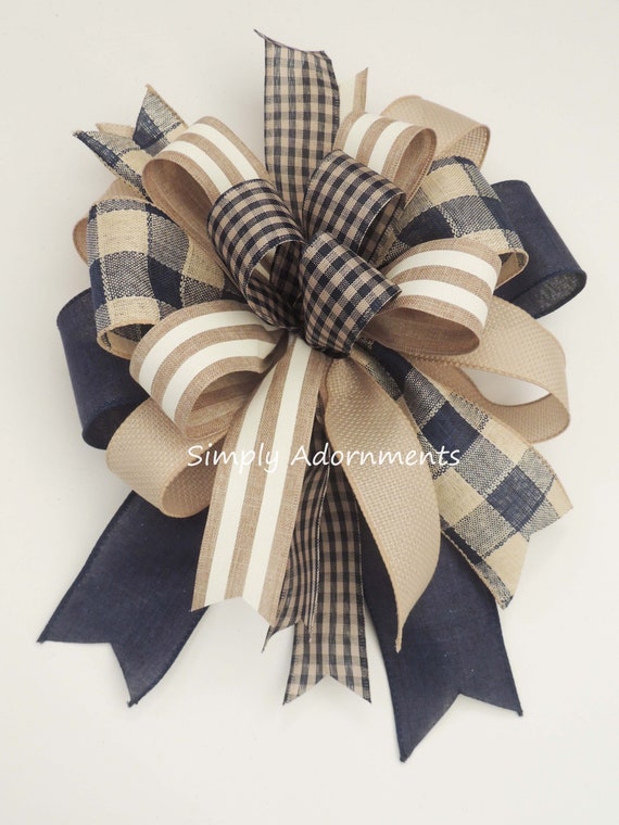 Navy Check Farmhouse Bow Navy Tan Buffalo Check Wreath Bows Rustic Navy Buffalo Plaid lantern Swag Bow Navy Tan tree topper bow, Navy bow Il_570xn