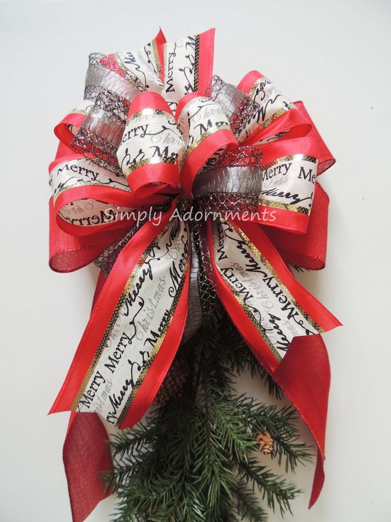 Red Black Scripts Christmas Bow, Merry Christmas Wreath Bow, Christmas lantern Bow, Christmas Scripts Tree Topper, red Christmas Tree bow