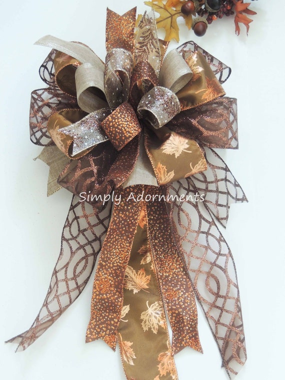 Fall Leaf Lantern Bow, Thanksgiving Fall leaf Wreath Bows, Maple Leaves Accent Bow for Wreath, Brown Bronze Fall leaves Bow, Door Hanger Bow