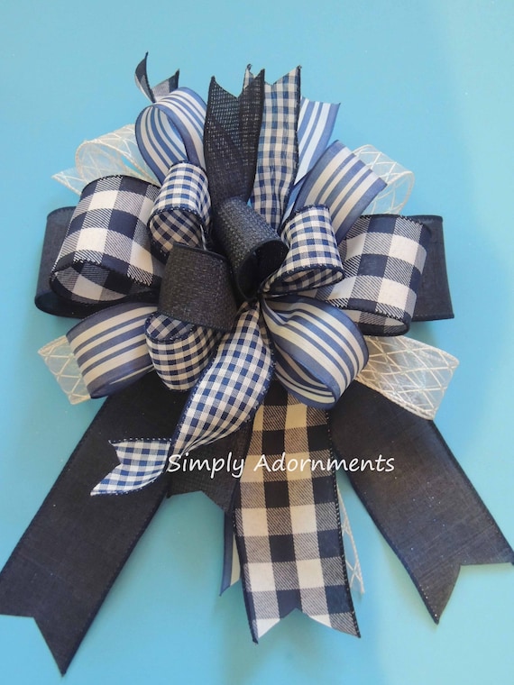 Farmhouse Navy Buffalo Check Bow, Navy White Check Bow, Navy White  Door Bow, Navy Buffalo Plaid Check  lantern Bow, Navy Farmhouse tree bow