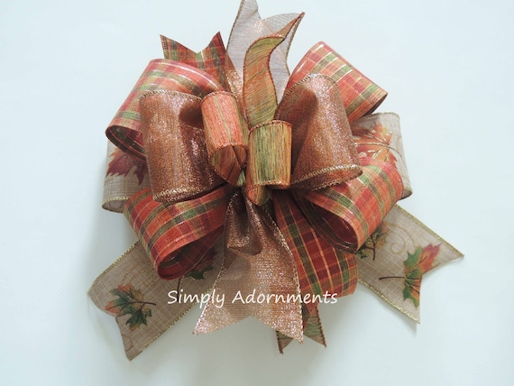 Fall Plaid wreath Bow, Fall leaves Lantern Bow, Thanksgiving Wreath Bows, Maple Leaves bows for lantern, Fall leaves door Bow, fall sign bow
