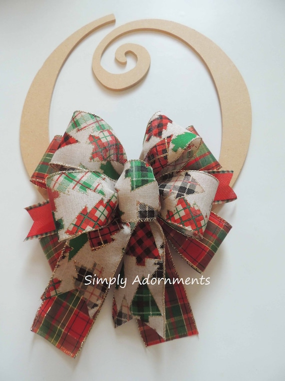 Red green Christmas Plaid Bow, Red green plaid tree Christmas Bow, Plaid Check Christmas tree Bow, Christmas Wreath Bow, Christmas door bow
