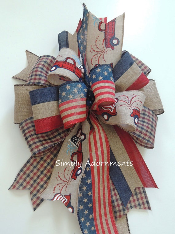 Primitive Patriotic Truck Bow, Patriotic farm truck wreath Bow, Patriotic truck Lantern Bow, July 4th farmhouse bow, Fourth of July Door Bow