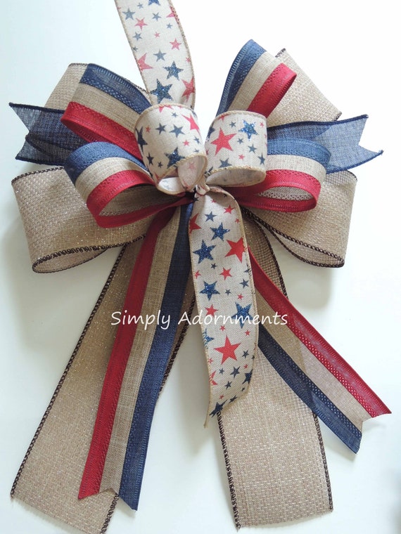 Vintage Stars and stripes bow, Sparkle Burlap Patriotic rustic farmhouse wreath bows, Rustic Patriotic Farmhouse Bow Farmhouse July 4th bows