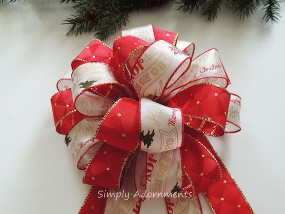 Red gold Christmas Scripts Bow, Merry Christmas Scripts Wreath bow, Christmas Tree Topper Bow, Ho Ho Christmas Tree Topper Bow, Lantern bow