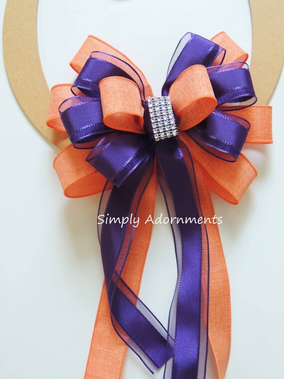 Purple Orange Bow, Orange Purple Wedding Pew Bow, Purple Tangerine Church Aisle Bow, Lantern bow, Purple Orange Wreath Bow, Graduation Bow