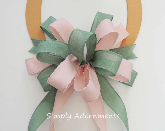 Blush Pink green Bow, Pink Green Baby Shower Bow, Pink green Wreath bow, Blush Pink Mint green Wedding, Porch sign Bow, Door sign Bow