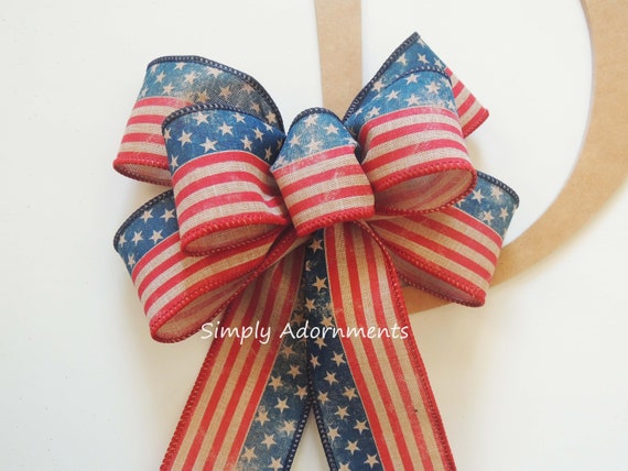 Primitive Americana Wreath Bow, Vintage Patriotic Bow, Rustic Stars and stripes Bow, July 4th door bow Fourth of July Decor Independence Bow