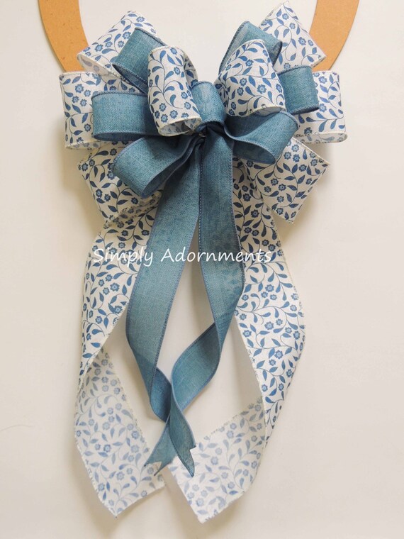 Blue Floral Bow, Blue Farmhouse burlap Bow, Blue Farmhouse Wreath bow, Everyday wreath bow, Blue Flowers door hanger bow, Blue Lantern Bow