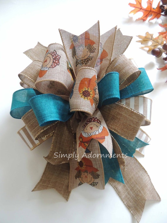 Scarecrow Bow, Farmhouse Lantern Bow, Teal Scarecrow Wreath Bow, Rustic Fall Scarecrow bow, Rustic Natural Scarecrow Thanksgiving Wreath Bow