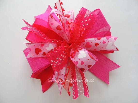 Valentine's Day Bow, Pink Valentines Bow, Pink Red White Valentines Hearts Bow, Door Hanger Decor, Wreath Embellishment