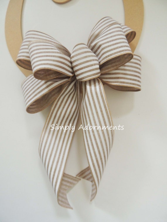 Beige & White Striped bow, Farmhouse Style bow, Beige striped Wreath Bow, Everyday Wreath bow, Farmhouse Bow for Porch Sign, Door Hanger bow