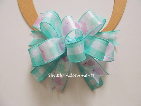 Easter check Bow, Aqua Easter Bunny Bow, Aqua Pink Bunny Wreath bow, Easter Porch door bow, Bow for Porch sign, Lantern Bow, Easter gift bow