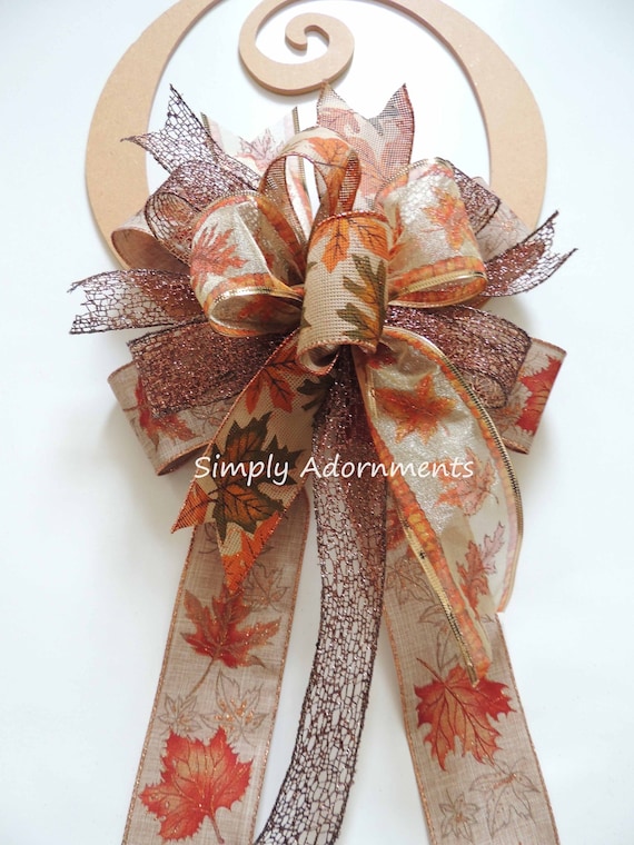 Fall Leaves Bow, Brown Orange Fall Bow, Fall Leaves door hanger Bow, Thanksgiving Wreath Bow Maple Leaves Fall Wreath bow, Autumn Wreath Bow