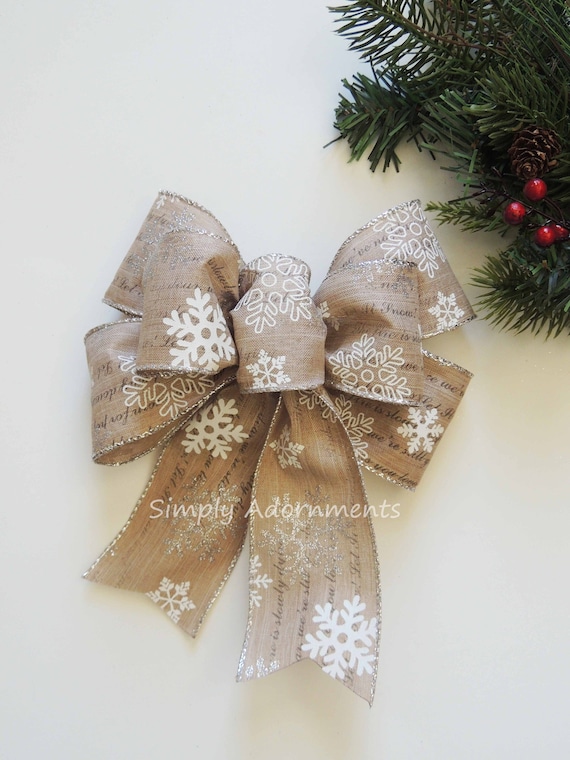 Rustic Snowflakes Bow, Farmhouse Christmas Bow, Let it Snow Scripts Bow, Tan Farmhouse door bow, Christmas Gifts Bow, Snowflakes door bow