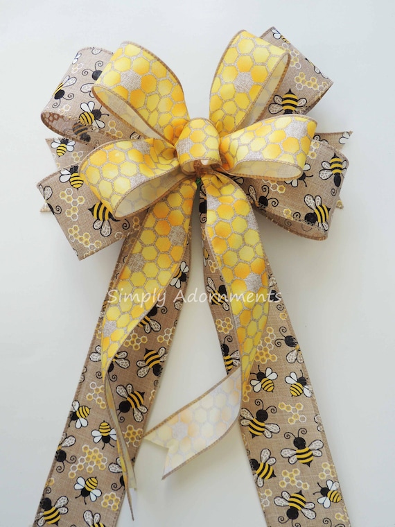 BumbleBee Bow, Yellow HoneyComb bow, BumbleBee Door Hanger Bow, BumbleBee themed Decor, Bee Wreath Bow