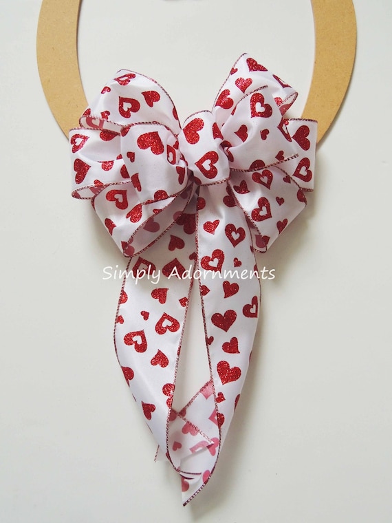 Valentine Gift bow Door Bow Glitter Red Hearts Valentine Wreath Bow Valentine Wedding Pew Bow Valentine Shower decor Valentine Party Decor